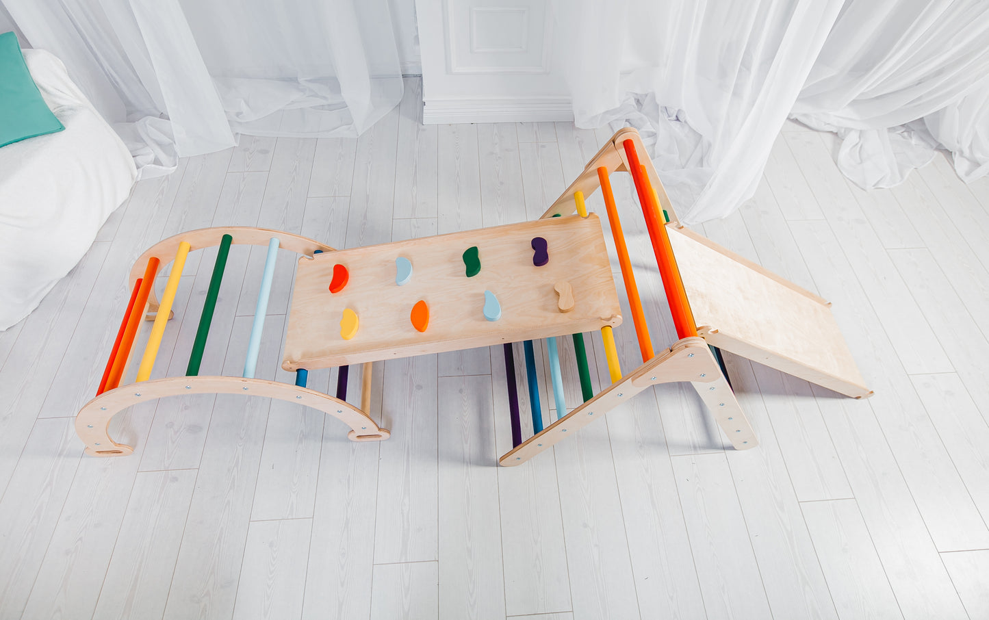 Parcours Montessori de motricité libre personnalisable 4 éléments Arche, Triangle et 2 Rampes